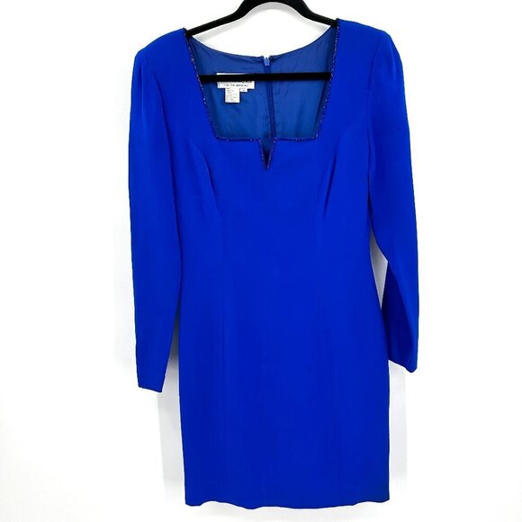 MORTON MYLES Vintage Cobalt Blue Beaded Neck Shoulder Pad 100% Silk Mini Dress 4 - Picture 1 of 8